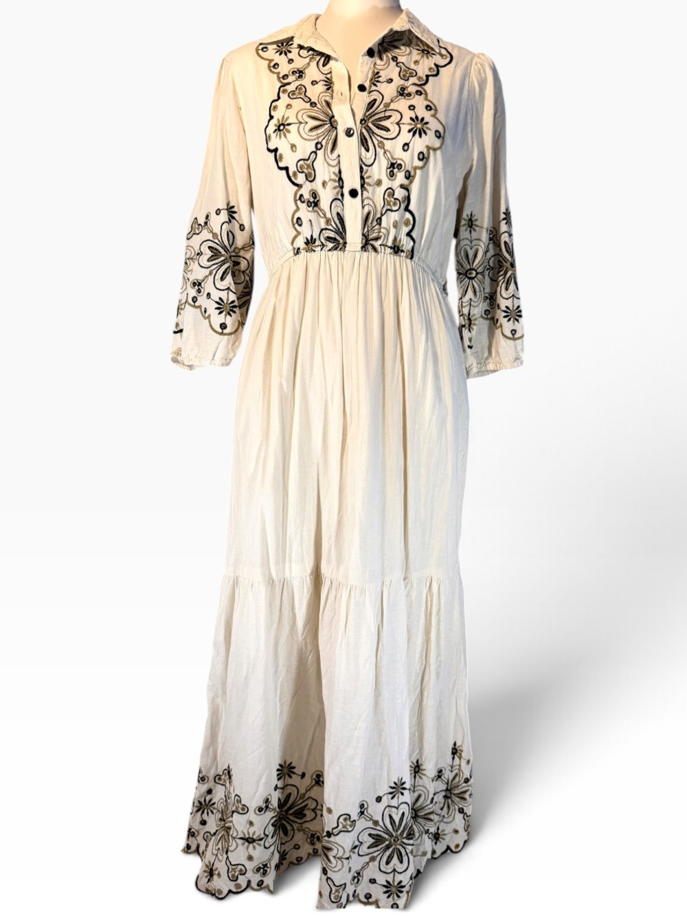 NAOO Embroidered Maxi Dress Size L Cream Cottagecore Fall Style